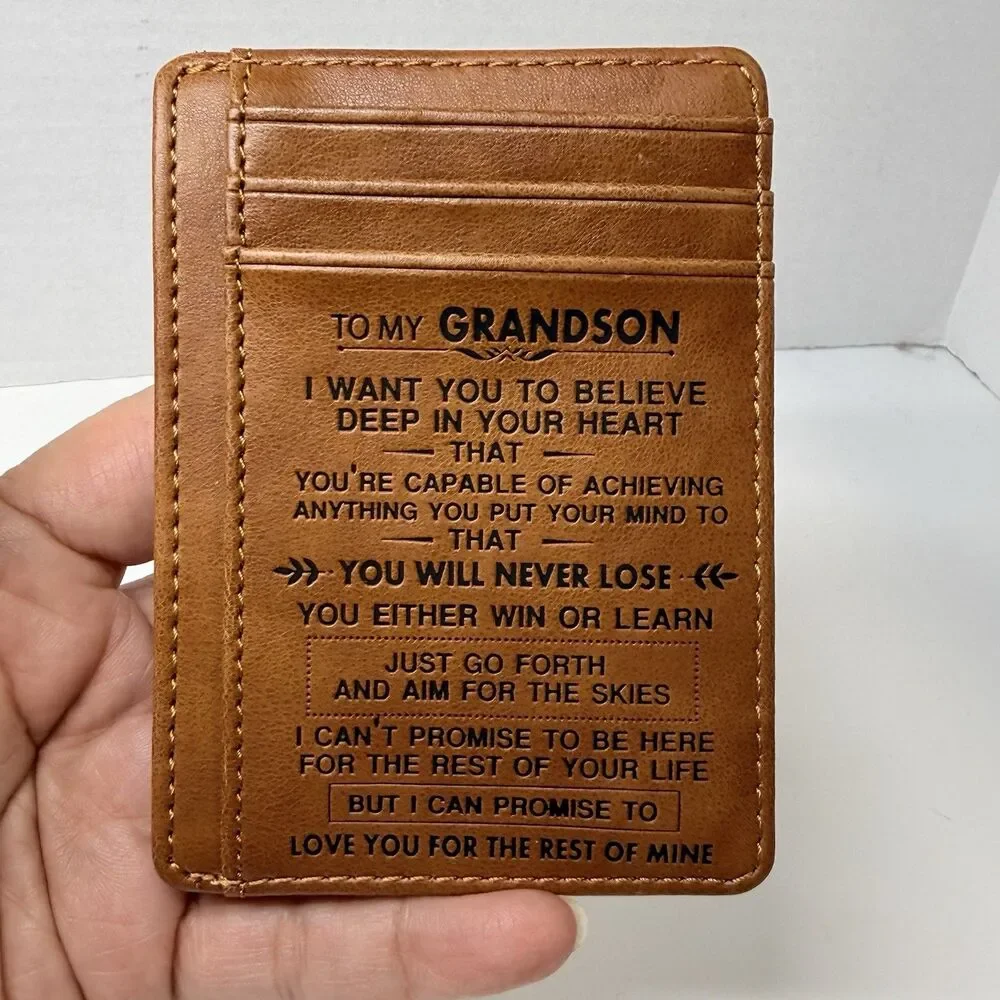 Engraved “To My Grandson” Brown Leather Slim Card Money ID Holder Wallet New